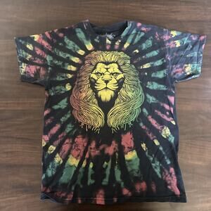 DOM Rasta Reggae Graphic Lion Wild Animal Art black Tie Dye Medium Shirt